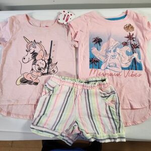 2 disney tees, one NWT Minnie Mouse, Ariel Litttle Mermaid. Wonder Nation Shorts